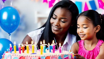A mother with her daughter celebrating her birthday blowing out the lit candles of a large cake with balloons in the background.