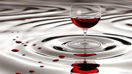 a close up of a wine glass with a liquid inside of it on a white surface with swirls and circles.