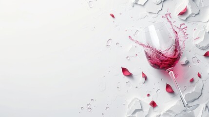 a close up of a wine glass on a white surface with drops of red wine coming out of the glass.