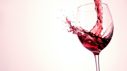 a close up of a wine glass with red wine being poured into it with a splash of water on the glass.