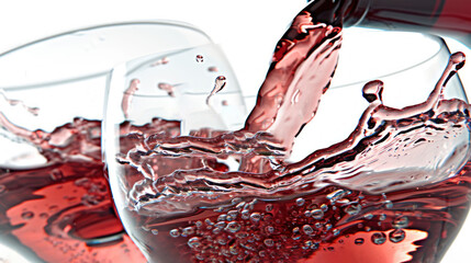 a close up of two wine glasses with red wine being poured into one glass and another glass with red wine being poured into another glass.