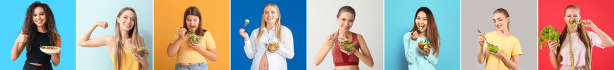 Collage of young women and girl with healthy vegetable salads on color background