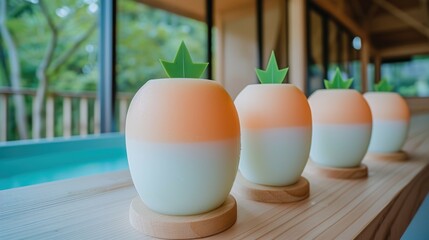 a group of three eggs sitting on top of a wooden table next to each other on top of a wooden table.