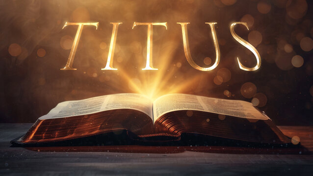 Book of Titus.  Open bible revealing the name of the book of the bible in a epic cinematic presentation. Ideal for slideshows, bible study, banners, landing pages, religious cults and more.