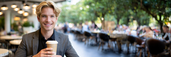 Portrait of smiling young businessman with coffee cup sitting in outdoor cafe - 750925016