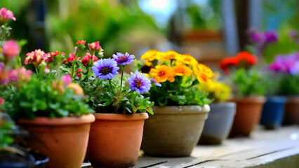 Colorful flowers in pots on wooden table in garden for sale in spring summer season. Selective focus. - 750925035