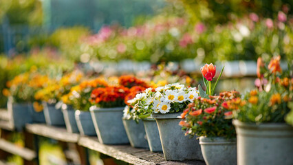 Colorful flowers in pots on wooden table in garden for sale in spring summer season. Selective focus. - 750925041