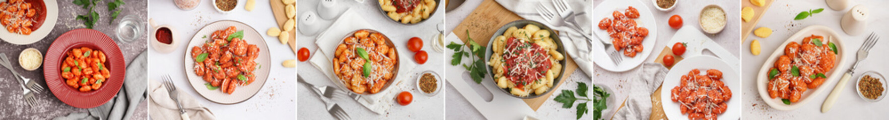 Collage of tasty gnocchi with tomato sauce and cheese on table