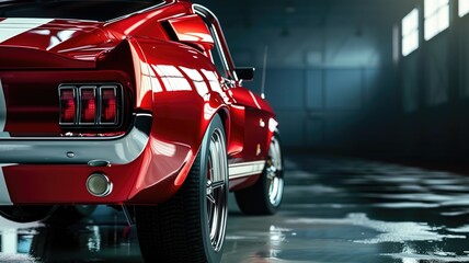 Shiny red vintage muscle car showcased in a dimly lit garage