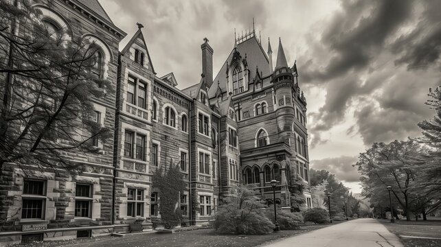Sepia-toned view of an ornate gothic university building against a dramatic sky