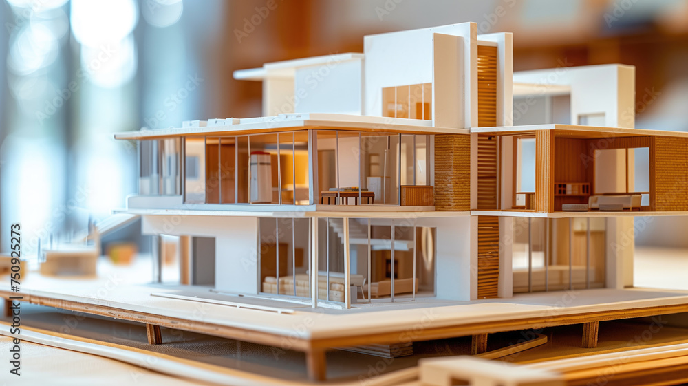Poster a detailed architectural model displaying a modern house design with intricate details