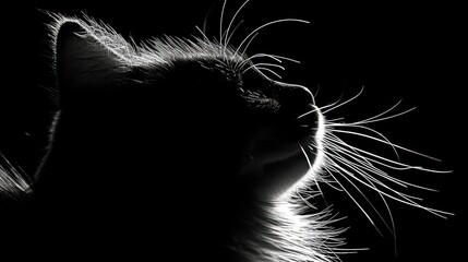 a black and white photo of a cat's head with its eyes closed and hair blowing in the wind.