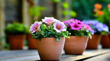 Colorful flowers in pots on wooden table in garden for sale in spring summer season. Selective focus. - 750925233