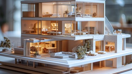 Obraz na płótnie Canvas A detailed model showcases a multi-story home's interior design and furnishings