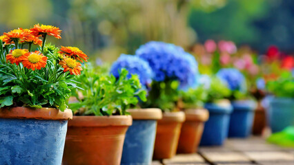 Colorful flowers in pots on wooden table in garden for sale in spring summer season. Selective focus. - 750925256