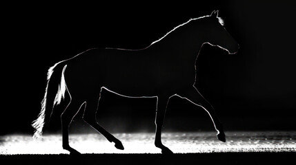 a black and white photo of a horse walking in the dark with its head turned to the side of the horse.
