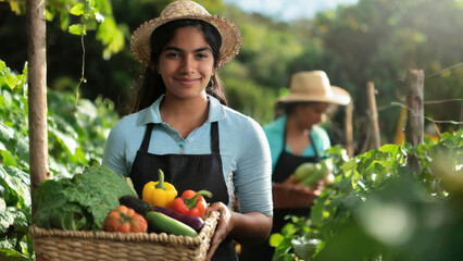 Portrait of smiling female gardener holding basket with harvested vegetables on farm - 750925296