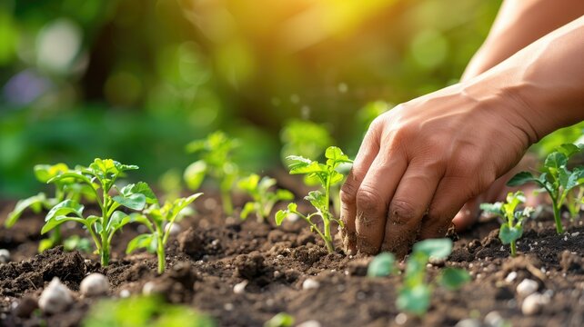 Close-up of a hand planting green seedlings in fertile soil