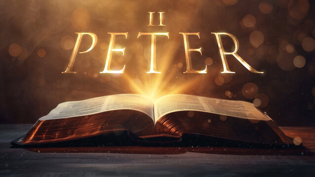 Book of 2 Peter.  Open bible revealing the name of the book of the bible in a epic cinematic presentation. Ideal for slideshows, bible study, banners, landing pages, religious cults and more.