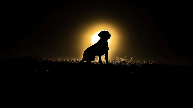 a black and white photo of a dog sitting in the grass with the sun in the background and the silhouette of the dog.