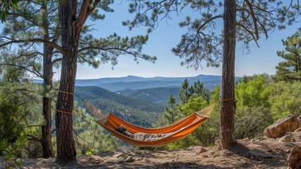 Fototapeta na wymiar Relaxing hammock between pine trees overlooking a mountainous view
