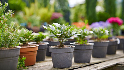 Variety of ornamental plants in pots on a wooden table. - 750925406