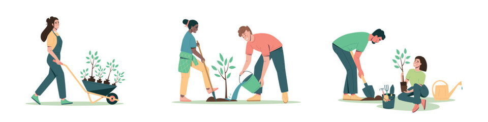 Set of people of different ages planting trees, seedings. Environmental care and volunteerism concept, spring gardening. Flat cartoon vector illustration isolated on white background