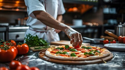 Pizza chef finishing the preparation of a tasty pizza in professional pizzeria restaurant kitchen
