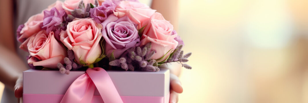 Close Up Of Box With Pink And Light Violet Roses In Female Hands. Banner Or Gift Card For Happy Mother's Day Or Happy Women's Day, Birthday.