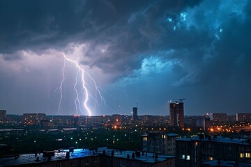 Electric drama Thunderstorm with lightning bolt strike over the city