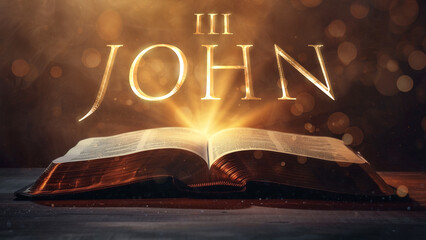 Book of 3 John. Open bible revealing the name of the book of the bible in a epic cinematic presentation. Ideal for slideshows, bible study, banners, landing pages, religious cults and more. - obrazy, fototapety, plakaty