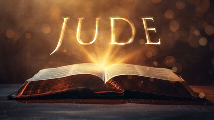 Naklejka premium Book of Jude. Open bible revealing the name of the book of the bible in a epic cinematic presentation. Ideal for slideshows, bible study, banners, landing pages, religious cults and more.
