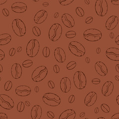 Coffee seamless pattern. Vector line art illustration. Coffee beans on brown background.