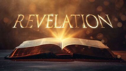 Fototapeta premium Book of Revelation. Open bible revealing the name of the book of the bible in a epic cinematic presentation. Ideal for slideshows, bible study, banners, landing pages, religious cults and more.