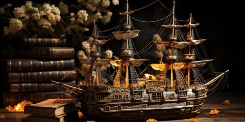 A detailed model of a pirate ship placed on a wooden table