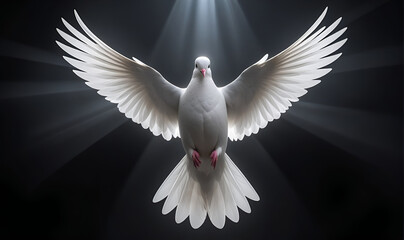 A white dove on a dark background and rays of light in the background