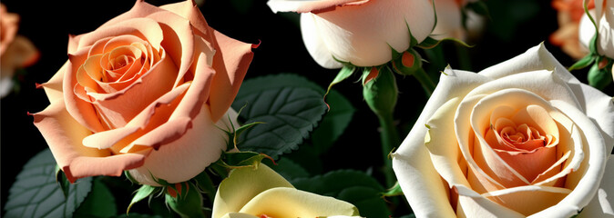 Beautiful background with bouquet of roses with light colored petals.