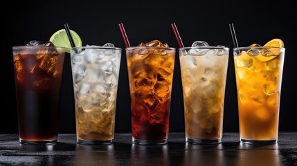 Glasses with Soft Drinks and Ice Cubes on Dark Background