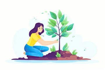 Obraz na płótnie Canvas Happy woman plant a tree in flat style cartoon