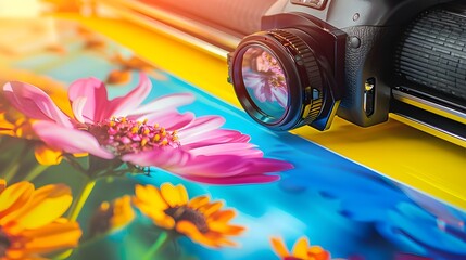Printer printing colorful photos of people close up, yellow background