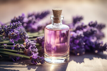 Obraz na płótnie Canvas Bottle of cosmetic essential oil. Lavender herb, aromatherapy