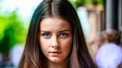 Young girl with straight long brown hair in the street with a worried and serious look.