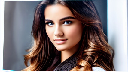 Portrait of a model with long wavy brown hair and dark eyes with make-up, with gray background.