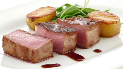a close up of a plate of food with meat and potatoes on a white plate with a garnish.