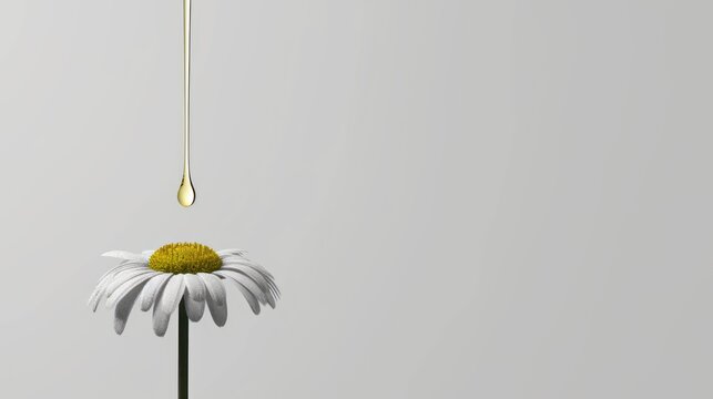 a single white flower with a drop of water hanging from it's stem and a drop of oil hanging from it's end.