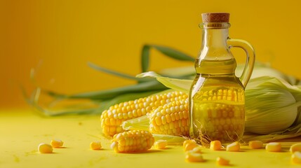 Vintage glass jar filled with corn oil, with fresh corn on cob on soft yellow background
 - obrazy, fototapety, plakaty