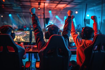group of happy male cyber sport gamers raising hand, celebrating success participating as one team...