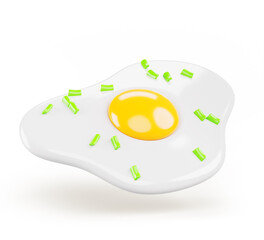 Fried egg with green onions 3d render icon. Realistic omelette with leek, breakfast of protein and healthy fats, fresh home cooked food. Isolated cartoon design for restaurant menu. 3D illustration