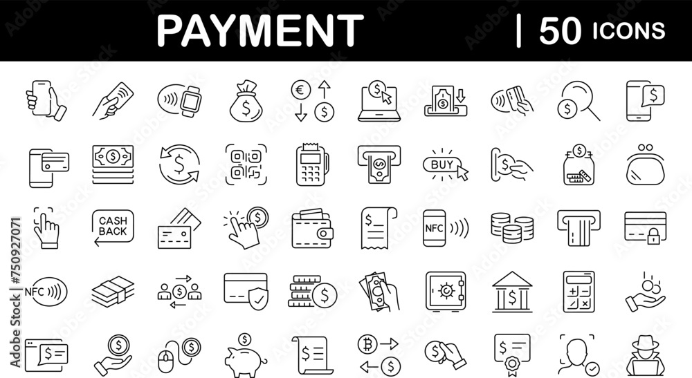 Poster Payment set of web icons in line style. Business and finance payment icons for web and mobile app. Credit card, money, banking, exchange, cash and transaction, NFC. Vector illustration