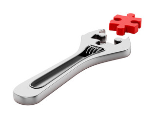 Wrench and puzzle part isolated on transparent background. 3D illustration